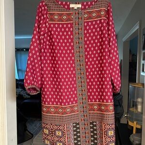 LOFT Long Sleeve Dress in Red and Black Pattern